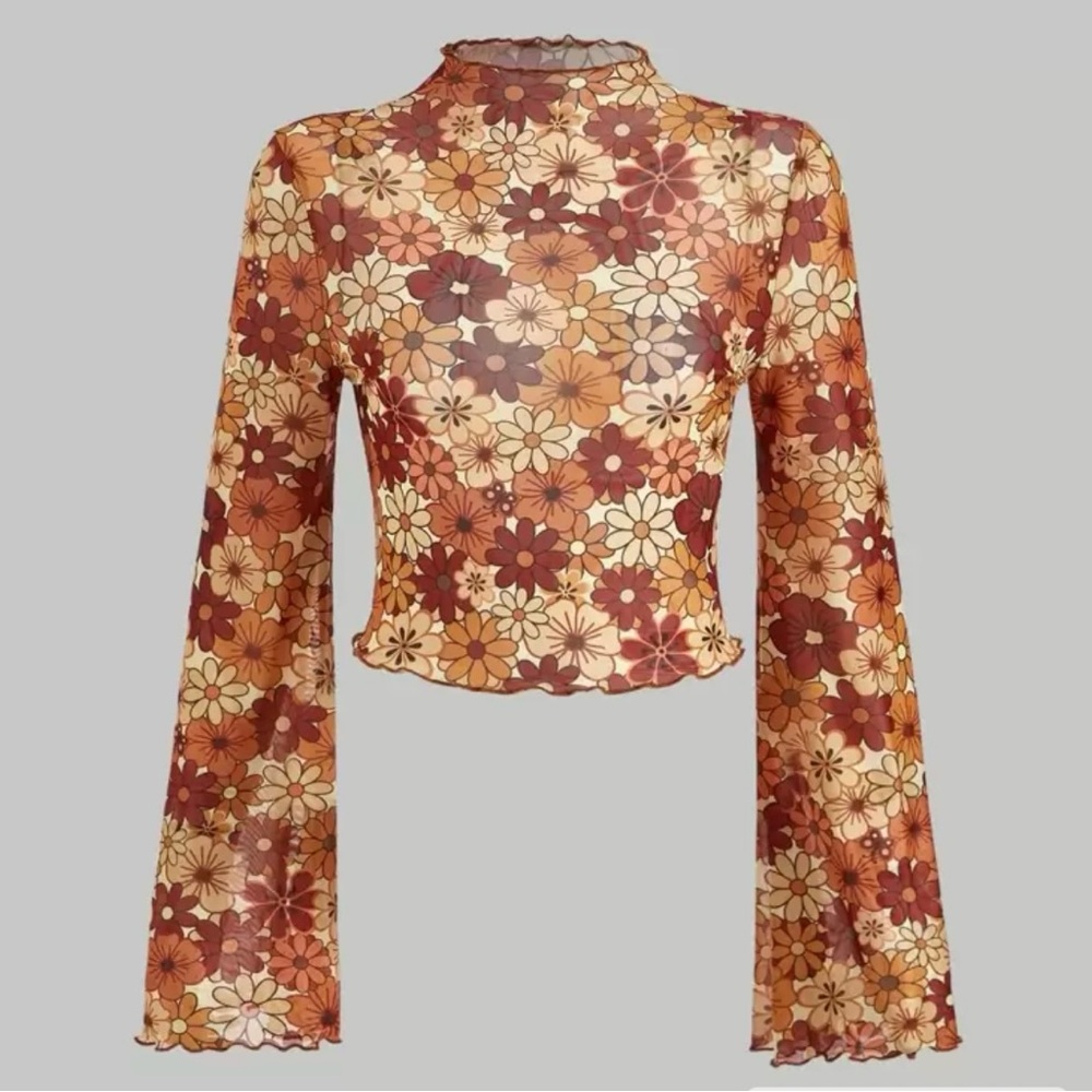 SHEIN MOD Allover Floral Print Lettuce Trim Mesh Top